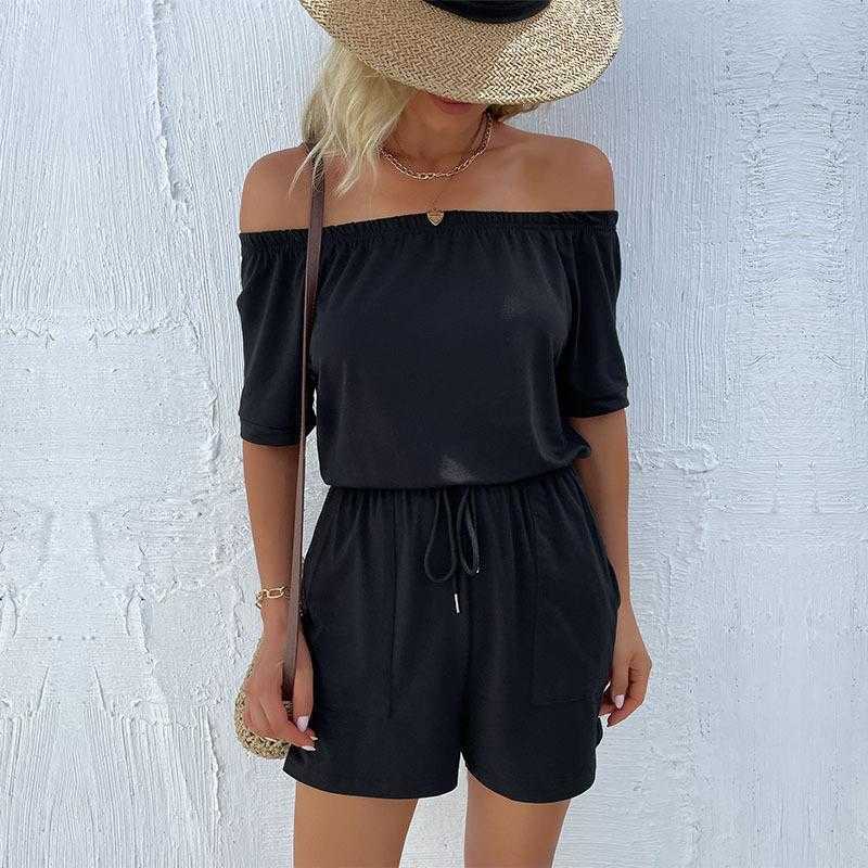 

Womens Summer Jumpsuit One Piece Shorts Loose Off The Shoulder, Black