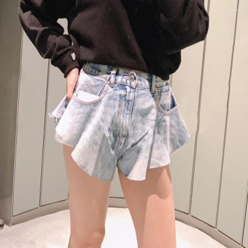 

Women's Shorts Fashion Light Blue Denim 2023 Spring Summer Sexy Ruffle Y2k Washed Pockets Zippers High Waist Female Bottoms