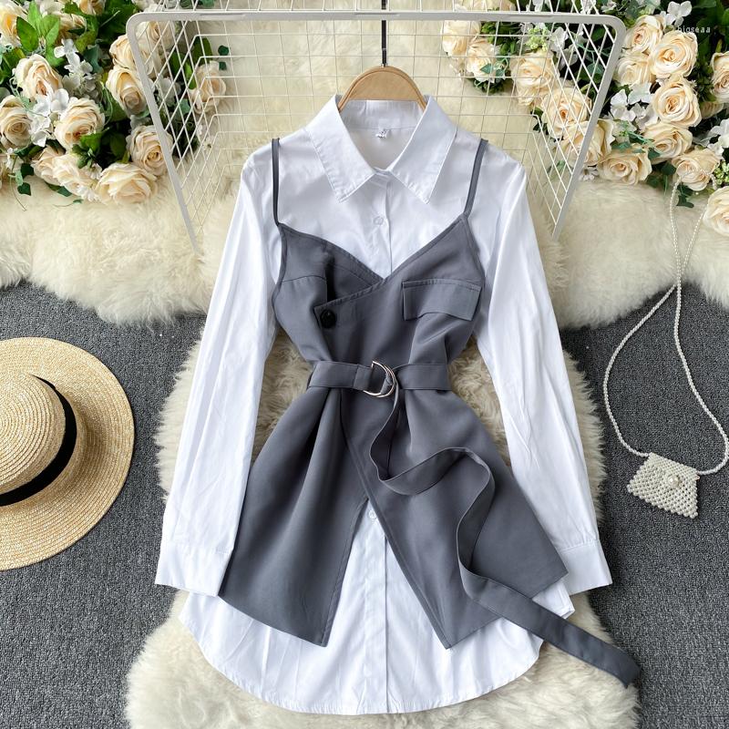 

Women' Blouses Explosive Net Red Medium-length Section Shirt Women' Solid Color Hundred Design Sense Suspenders Outside The Two-piece, Gray