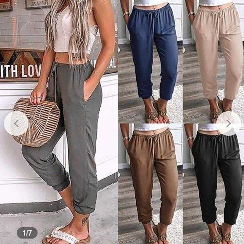 

Pure Color Tied Ankle Length Pants Lace Low Drawstring Waist Casual, Black