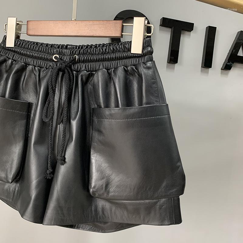 

Women's Shorts Elastic Sheepskin High Waist Wide Leg Women Autumn Winter Loose Real Leather Casual Lace Up Office Black