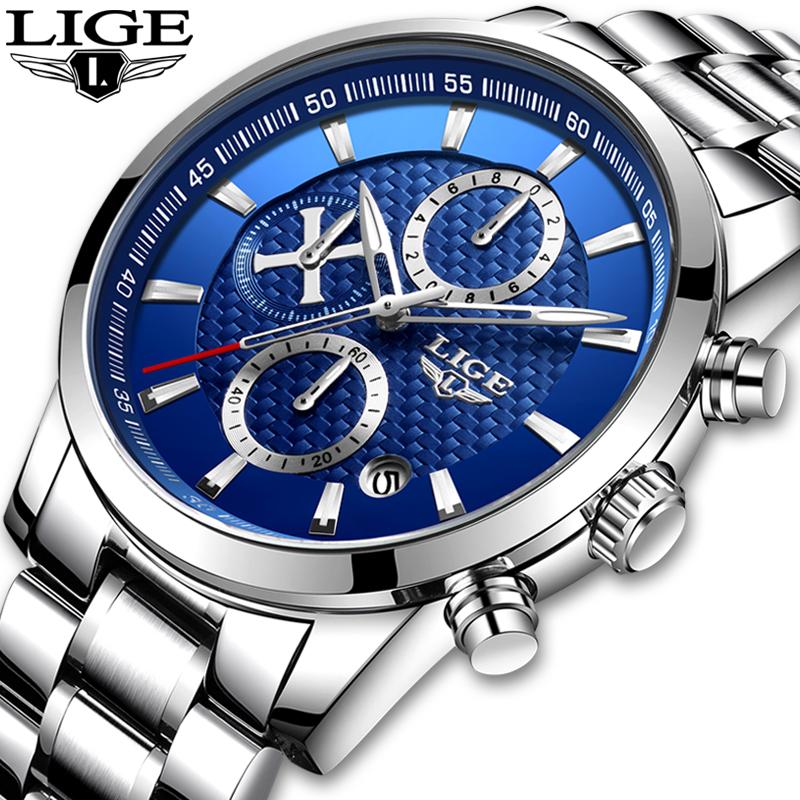 

Wristwatches 2023 Silver Fashion Mens Watches Top LIGE Military Waterproof Quartz Watch Men All Steel Big Dial Sport Chronograp, Silver white