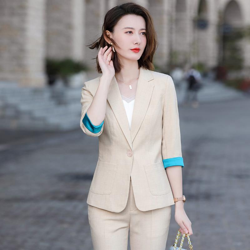

Women's Two Piece Pants Novelty Apricot Spring Summer Half Sleeve Formal Women Business Suits Pantsuits Professional OL Career Trousers Set, Grey blazer coat