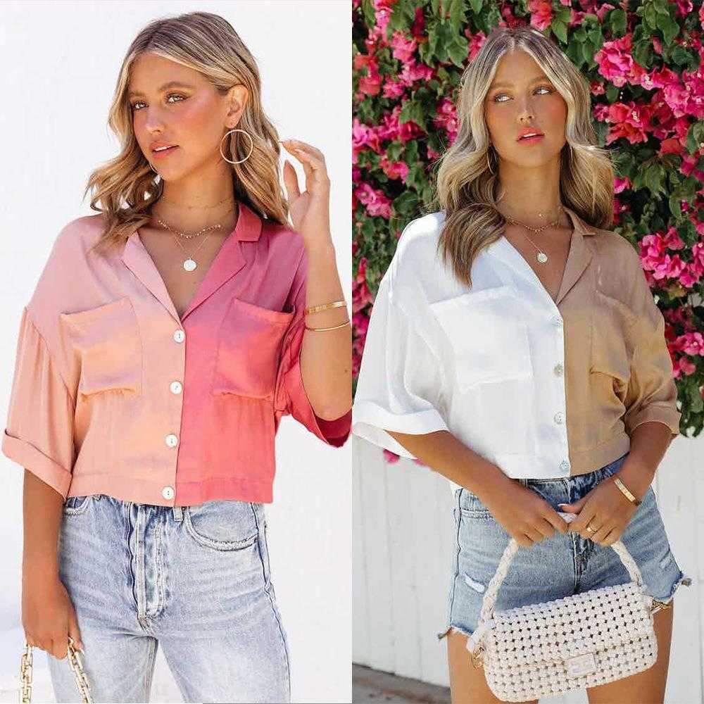 

Summer Fashion Color Shirt Contrast Half Sleeve Cardigan Single Breasted Casual, Tan