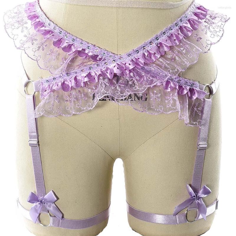 

Garters Women Bow Garter Purple Adjustable Body Harness Lace Bondage Stocking Leg Belt Punk Goth Sexy Lingerie Cage, N-p0229