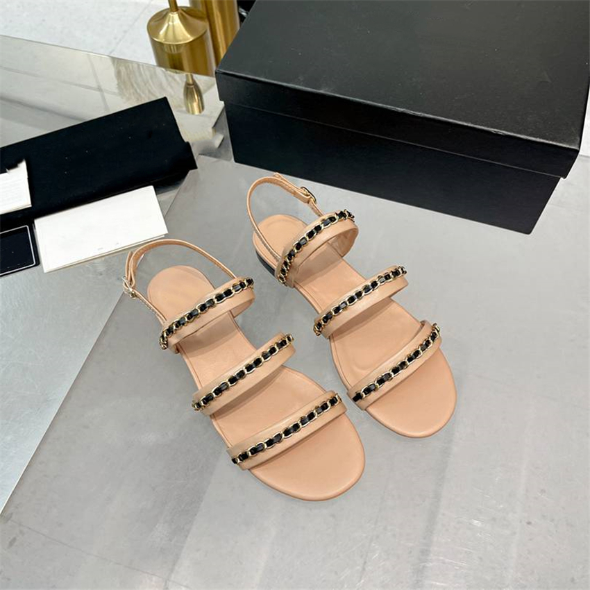

Luxury Design Sandals 2023 Fashion Channel Women Summer High Heels Leather Cross Lace up Student Casual Slippers 05-08