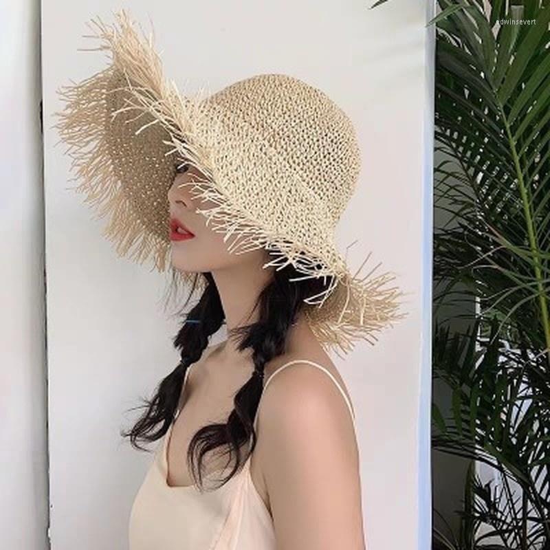 

Wide Brim Hats Women Hat Large Tassel Beach Foldable Sun Shade Visor Cap Ladies Straw Caps Womens Summer CapsWide, Khaki
