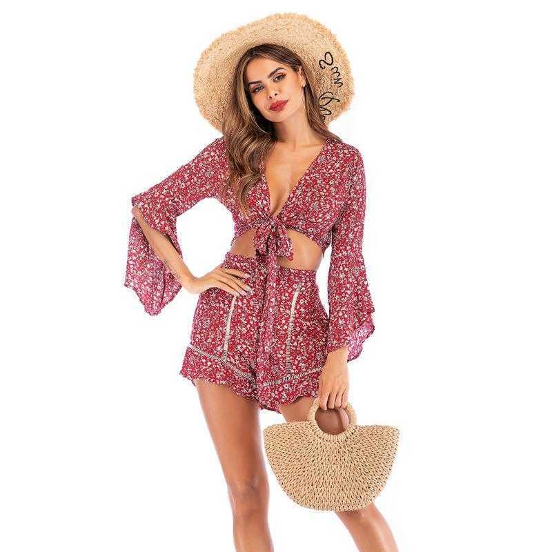 

Summer French Floral Two Pant Piece Set Beach Cover Up Vacation Shorts Suit For, Floret with red background
