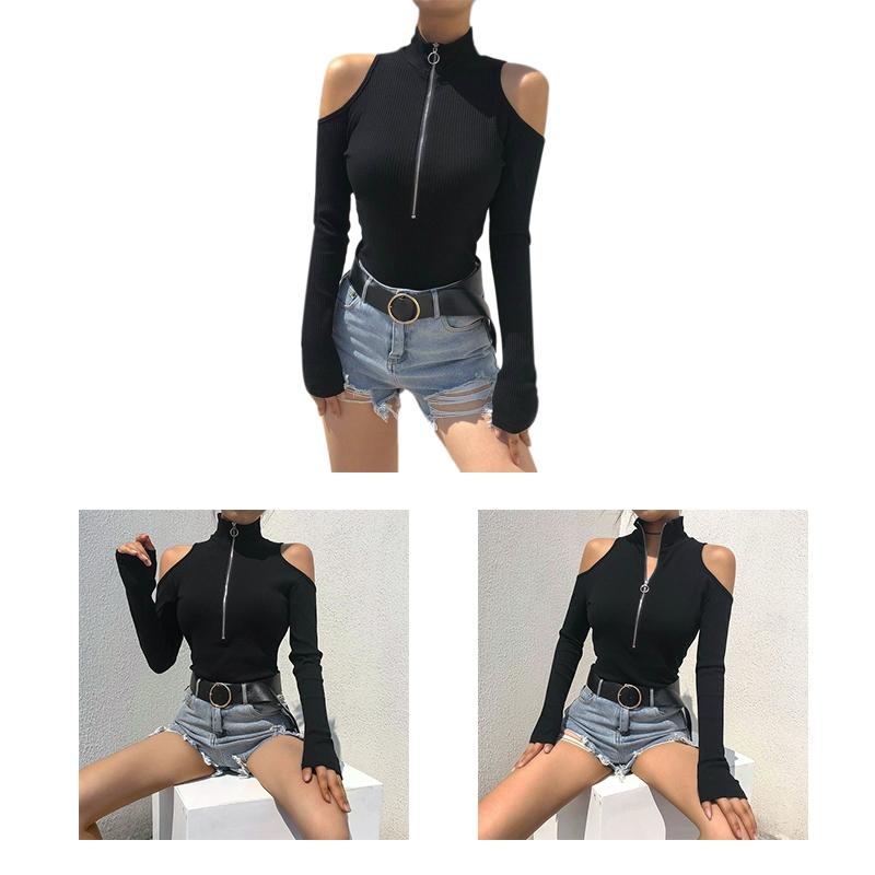 

Women' T Shirts Style Half-High Collar Zipper Long-Sleeve Female Sexy Strapless Jumpsuit Women, Black