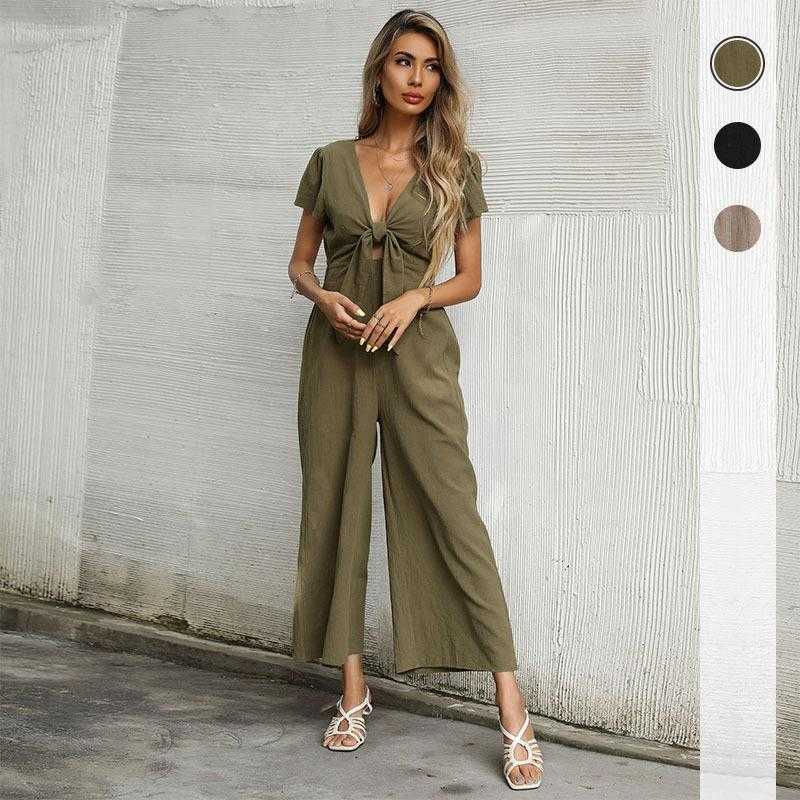 

Womens Solid Color Sexy Jumpsuits V Neck Cropped Wide Legged Capris Jumpsuit, Black