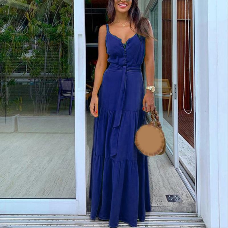 

Casual Dresses Fashion Loose Dress Robe Women Summer Boho Solid Color Sleeveless Strappy V-neck Button Party Beach Sling Plus Size 3XL, Blue
