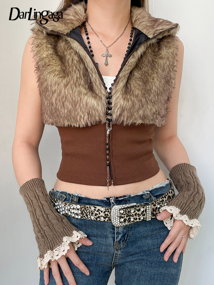 Women s Jackets Darlingaga Grunge Vintage Brown Turtleneck Fur Vest Jacket Y2K Sleeveless Autumn Winter Coat Furry Sexy Short Overcoat Clothing 2302