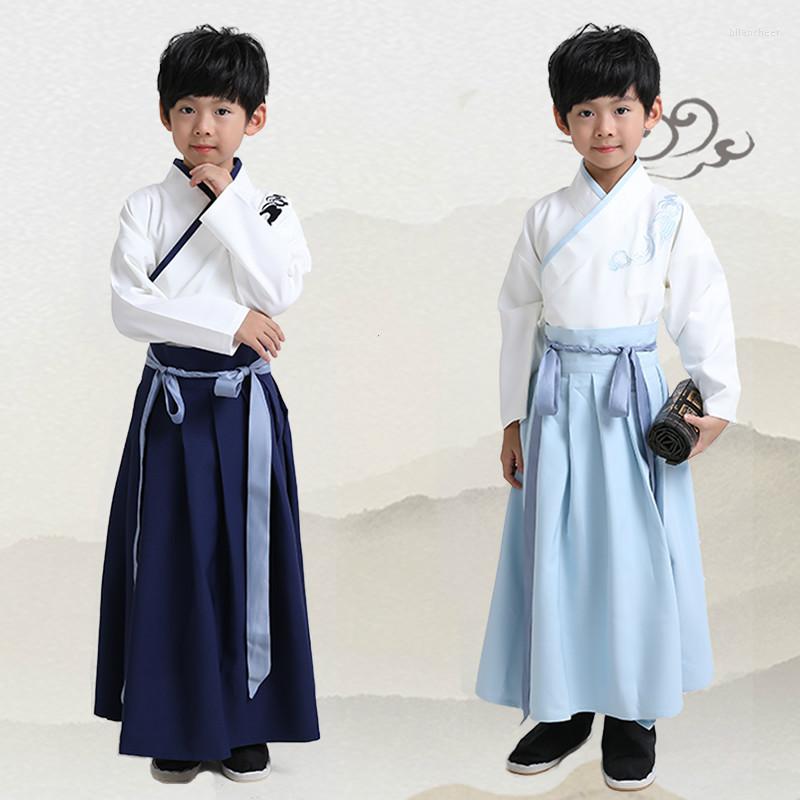 

Stage Wear Children Traditional Chinese Clothes Boys Hanfu Costume Ancient Scholar Vintage Cosplay Clothing Performance, Dark blue