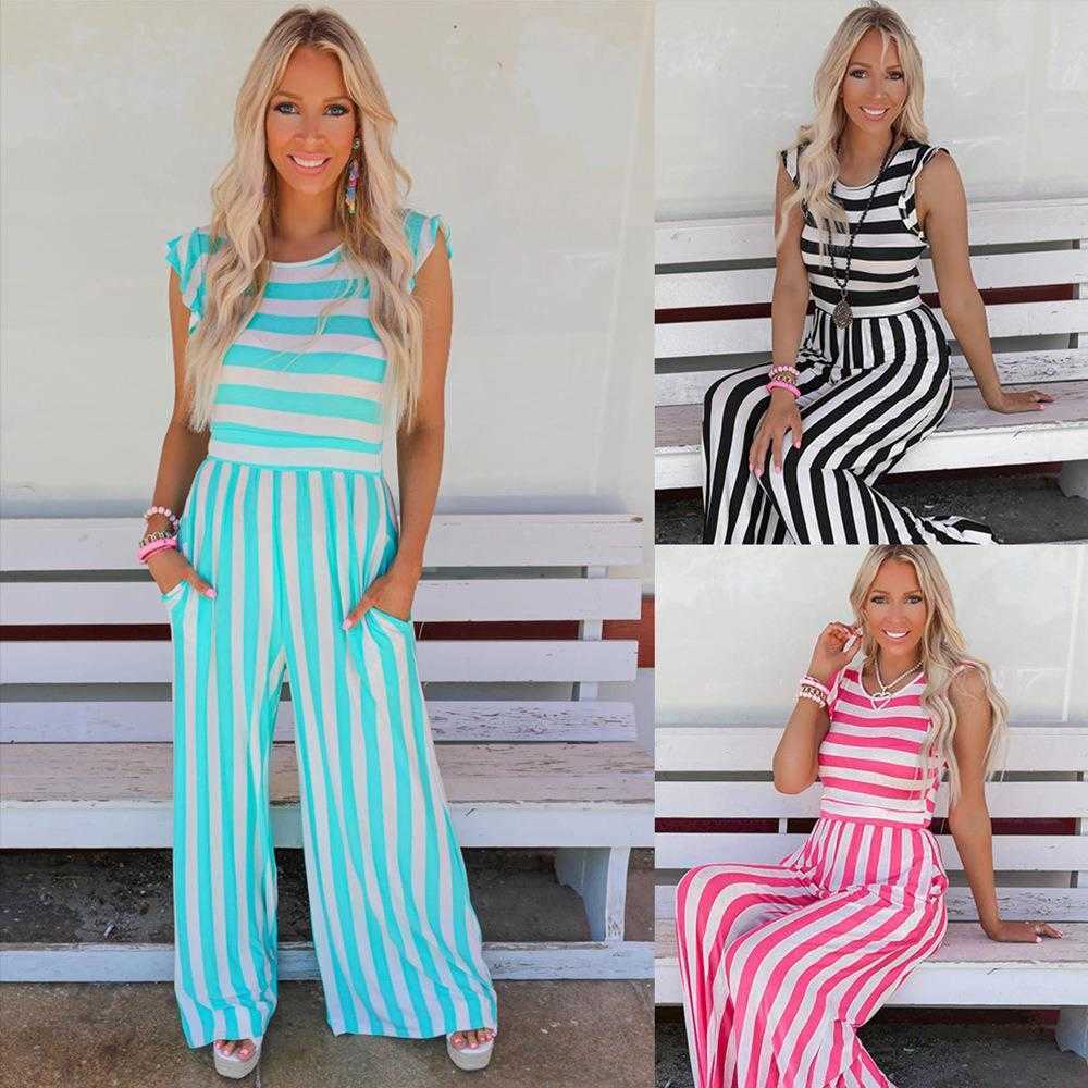 

Ins Style Summer Striped Jumpsuit Round Neck Sleeveless Casual Female, Black