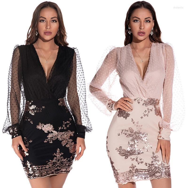 

Casual Dresses Embroidery Sequins Dress Women See Through Mesh Long Sleeve Sexy Lady Summer V-neck Black Evening Robe Femme 19200