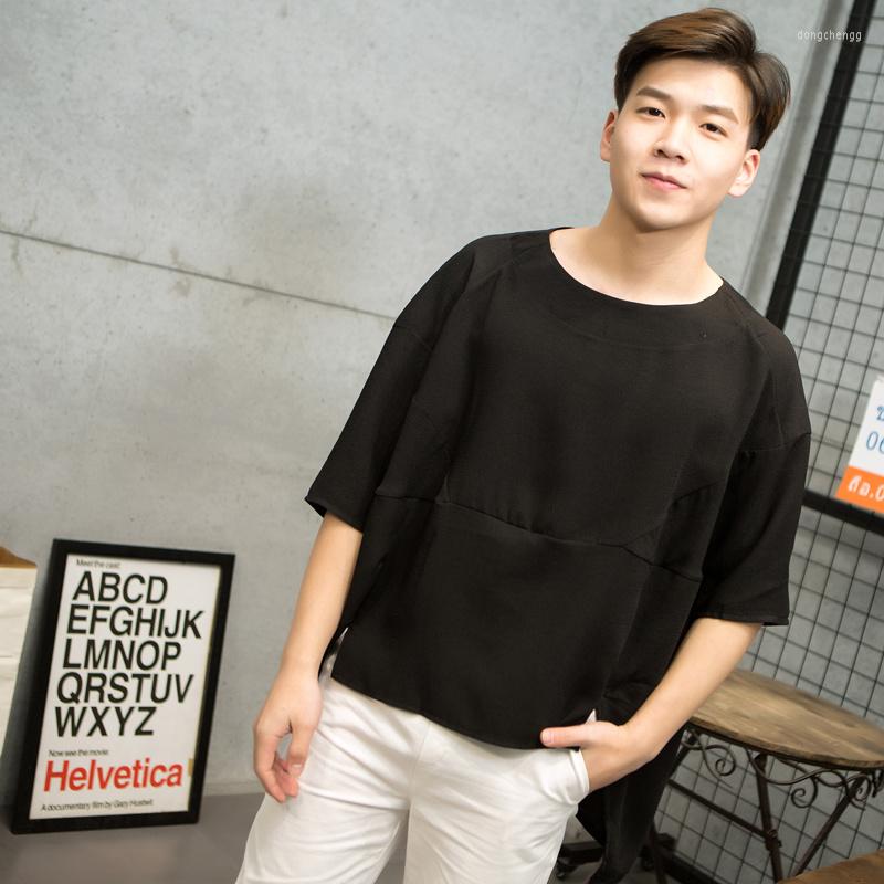 

Men' T Shirts Korean Summer Loose Front Short Back Long Shirt Solid 7 / 6 Sleeve Chiffon T-shirt Hairdresser, Black
