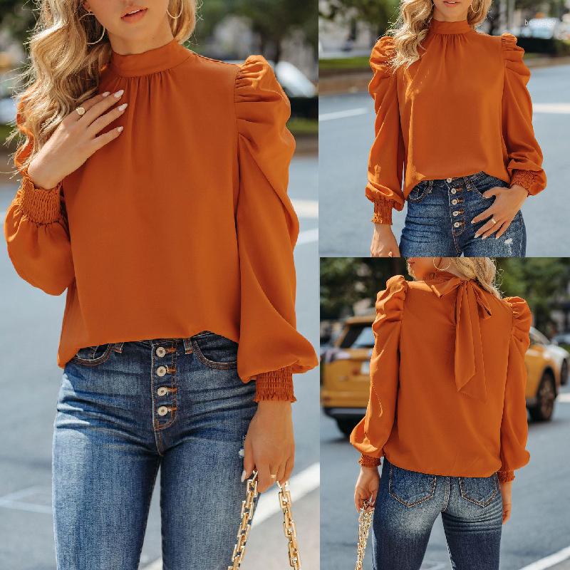 

Women' Blouses Mandylandy Women Elegant Autumn Loose Chiffon Shirt Top Fashion Casual Long Puff Sleeve Stand Collar Blouse Streetwear, Orange