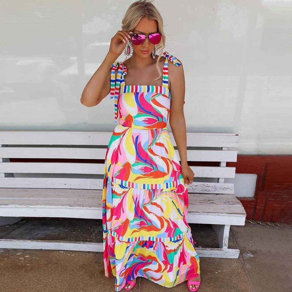 

Summer Vacation Printed Sling Dresses Stitching Big Square Neck Swing Dress, Color
