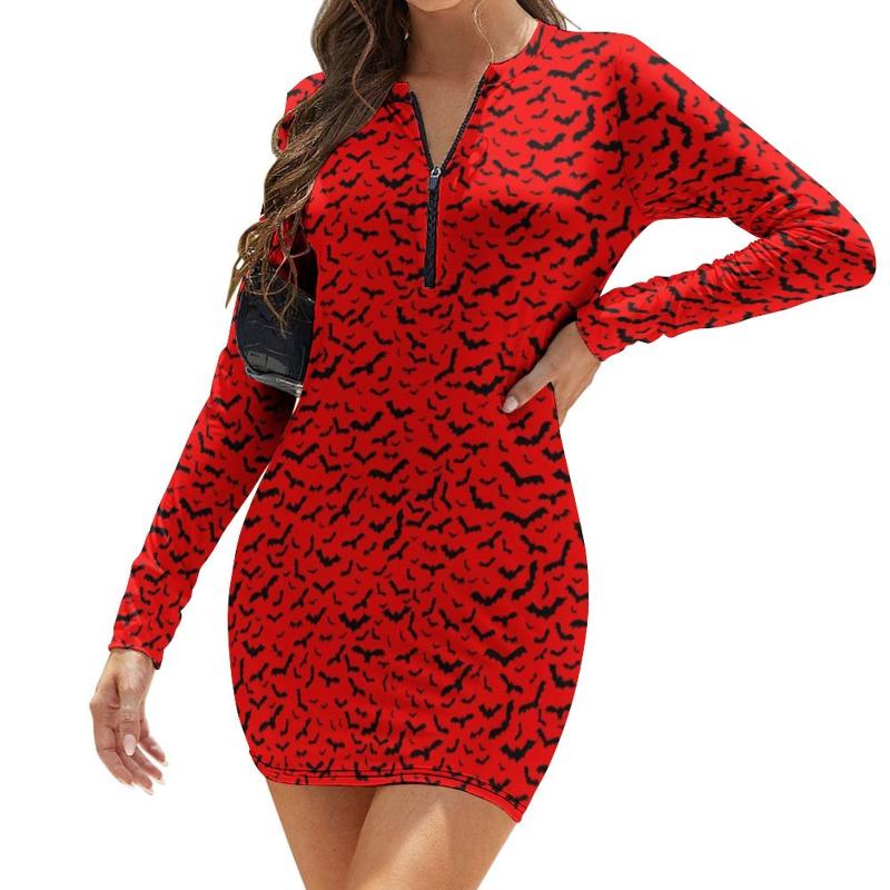 

Casual Dresses Black Bat Design Dress Womens Flying Bats Print Aesthetic Bodycon Autumn Long Sleeve Pretty Oversize Vestido, Style-20