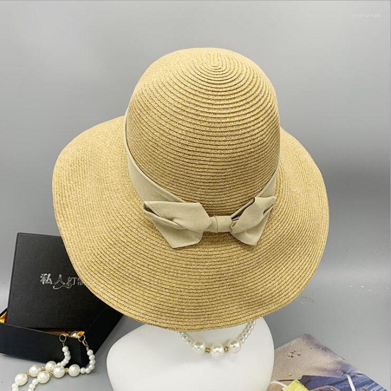 

Berets Summer Sunscreen Dome Wide Eaves Monochrome Women's Warp Knitted Simple Straw Hat Can Be Folded Fashion Nice Bucket Hats, Brown ribbon