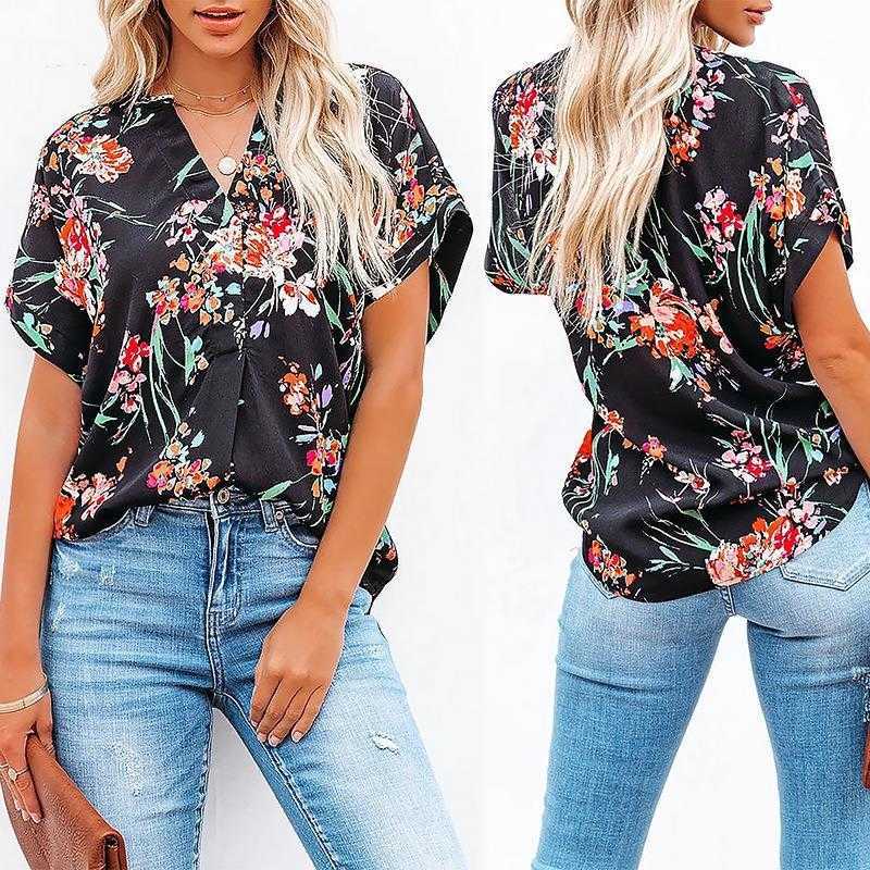 

Womens Summer Print Short Sleeve T Shirt Floral V Neck Loose Casual, Black