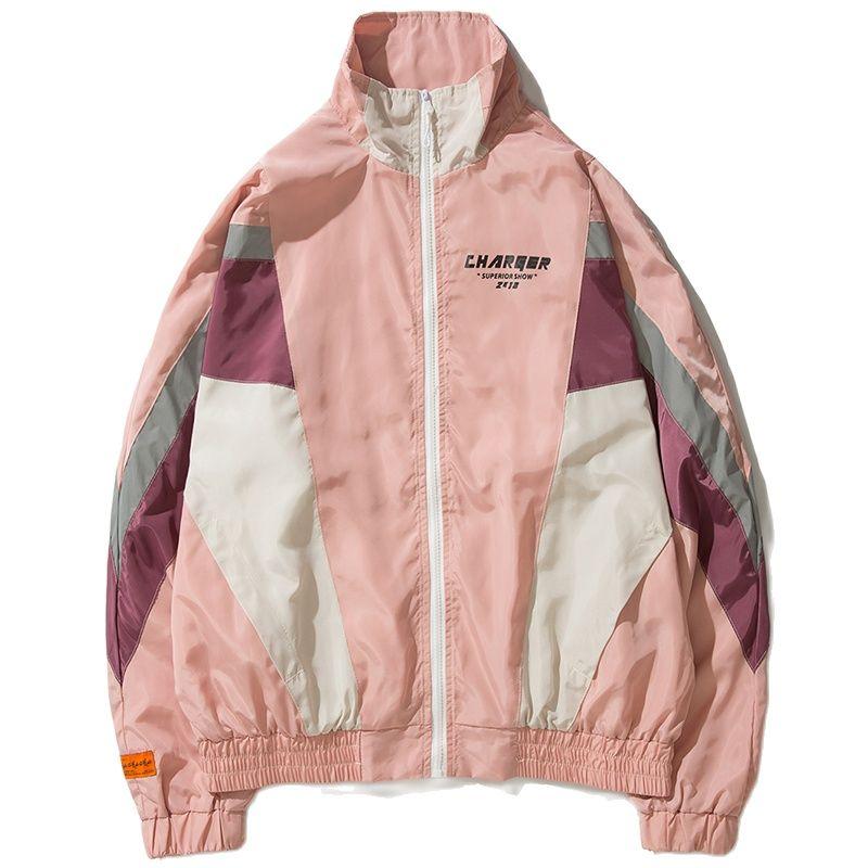 

Men's Jackets Hip Hop Windbreaker Overcoats Men Vintage Color Block Zip Up Coat Casual Streetwear Spring Autumn Jacket, Pink