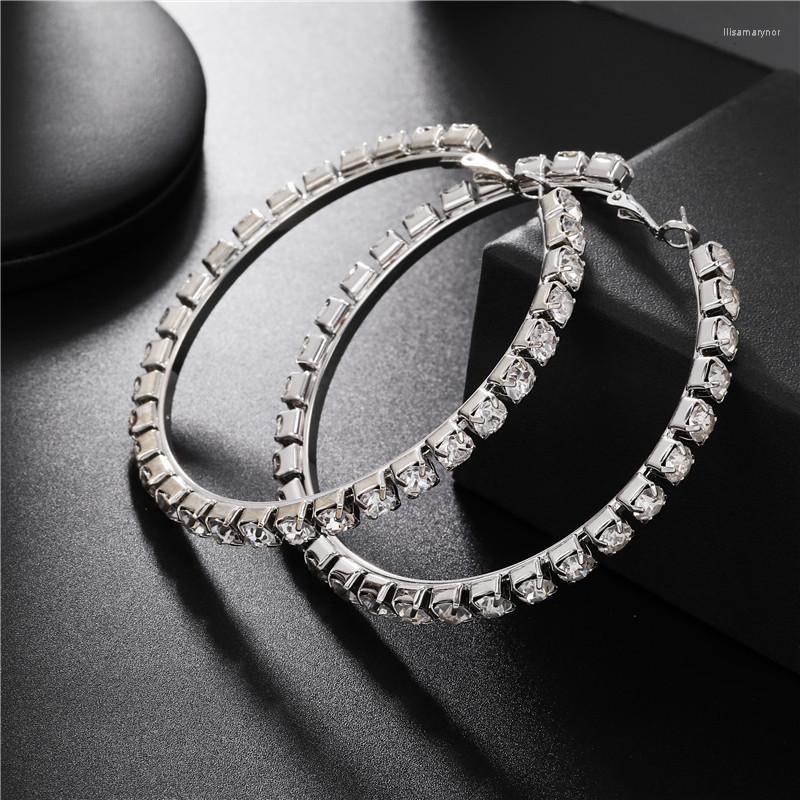 

Hoop Earrings Brilliant Full Zircon 5CM Silver Color Big For Women European American Exaggerated Party Banquet Jewelry