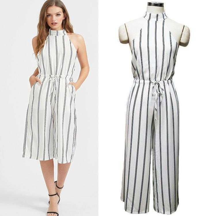 

Summer Womens Sexy Jumpsuit Halter Exposed Back Elastic Waist With Pocket, White