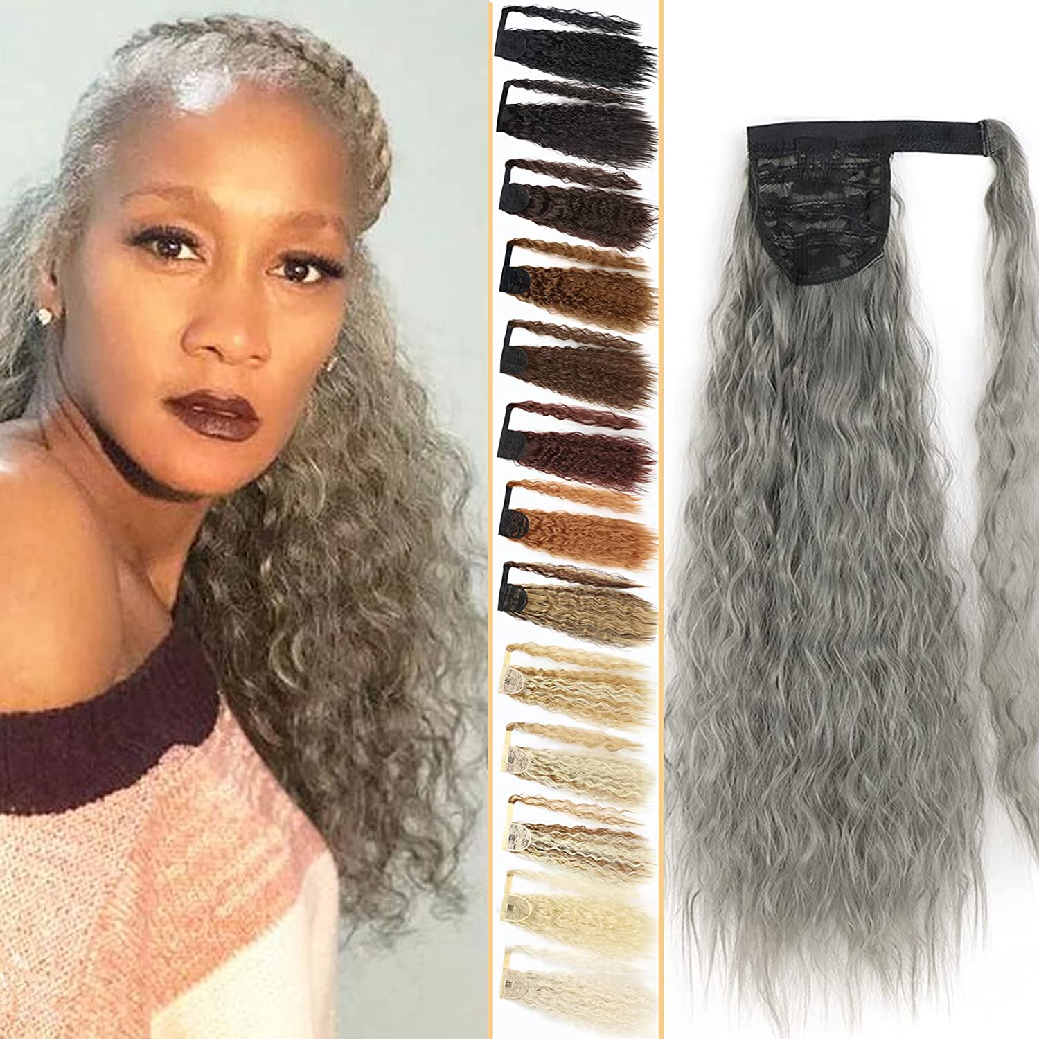 

Long soft curly grey ponytail hairpiece salt and pepper color pony tail clip in 120g 140g with drawstring