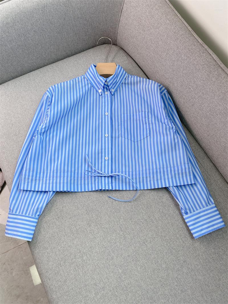 

Women' Blouses POLO Collar Striped Shirt 2023 Autumn French Classic Blue And White Pleated Drawstring Women, Blue and white strip
