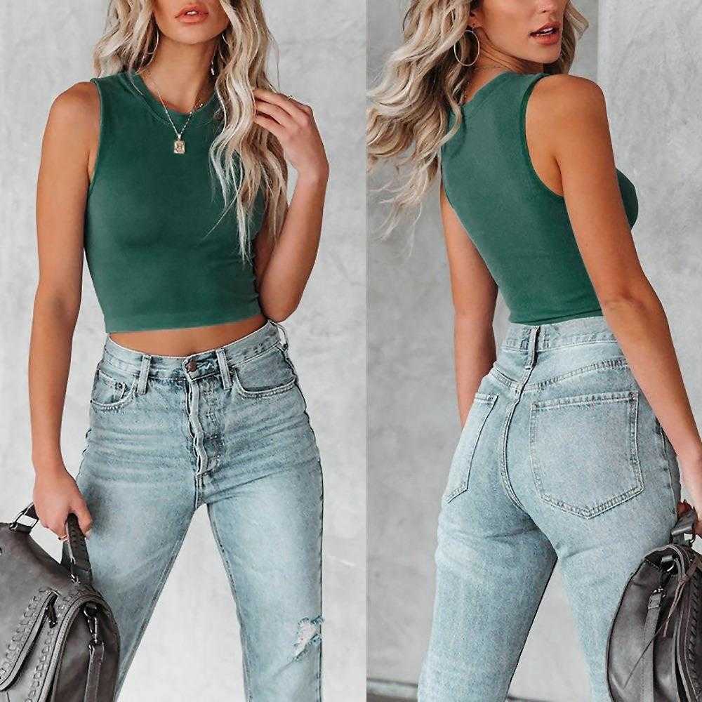 

Summer Fashion Tanks Solid Color Round Neck Sleeveless Womens Top T Shirt, Green