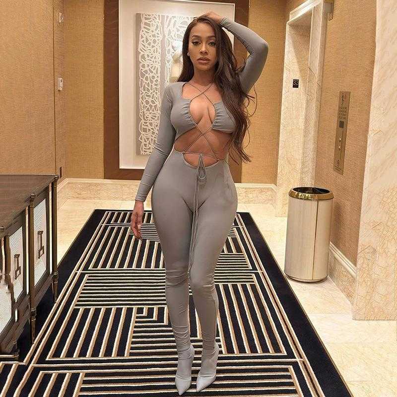 

Sexy Tight Jumpsuit Autumn Fashion Tie Backless Long Sleeves Pants, Black