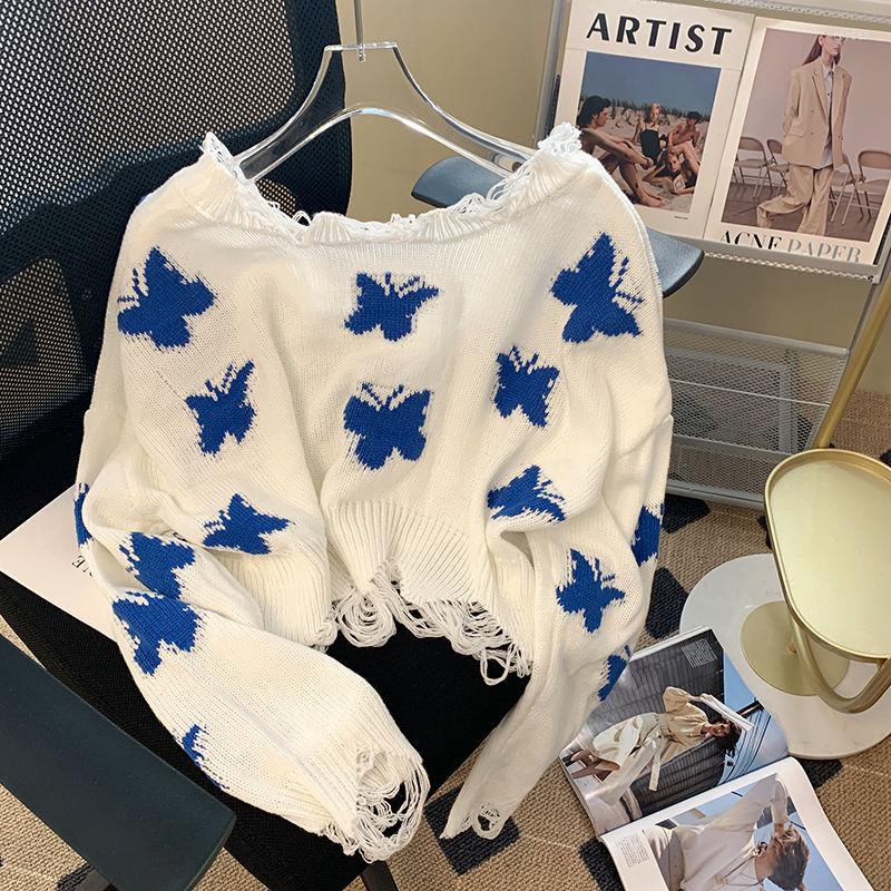 

Women' Sweaters Korean Fashion Graphic Knitted Sweater Woman Harajuku Sweet Oversized Hole Cropped Tops Off Shoulder Casual Loose Jumper, White