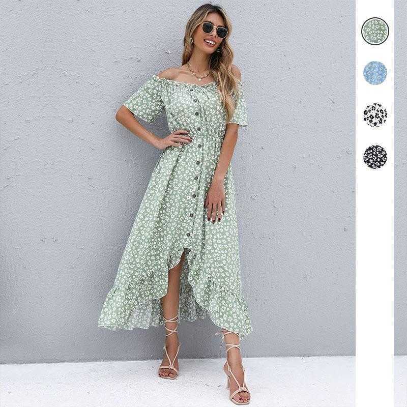 

Womens Summer Dress Short Sleeve Floral Skirt Irregular Off Shoulder, Green