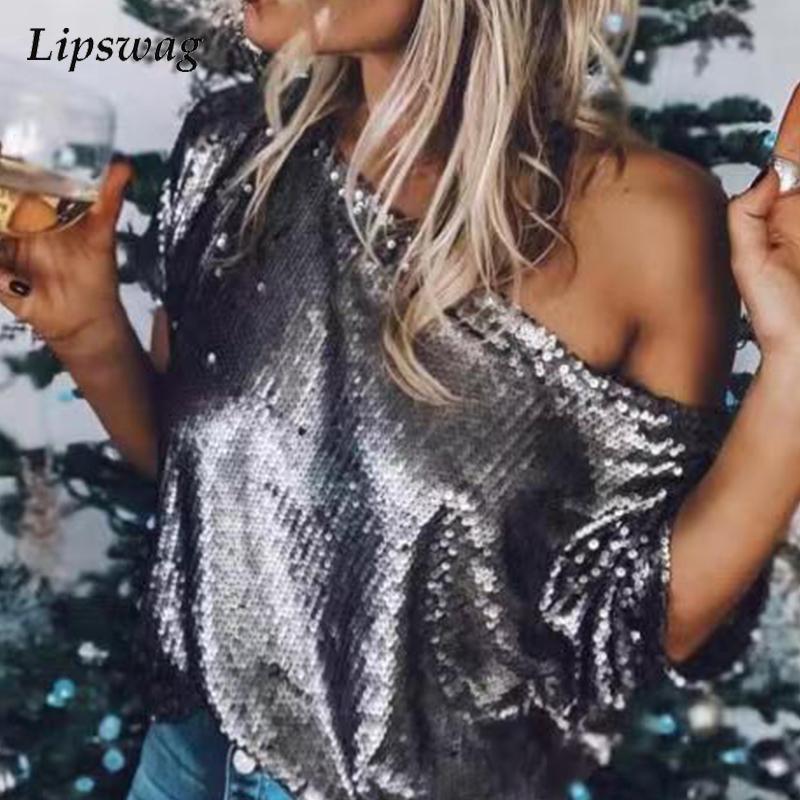 

Women's Blouses & Shirts Women Elegant Solid Skew Collar Sequined Bloues 2023 Spring Fashion Short Sleeve Pullover Tops Ladies Off Shoulder, 01
