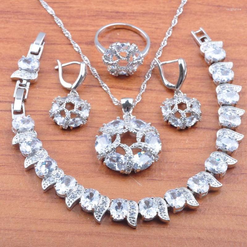 

Necklace Earrings Set Luxury White Zirconia Wedding Christmas Gift Silver Color And Rings Bracelet JS0444, Picture shown