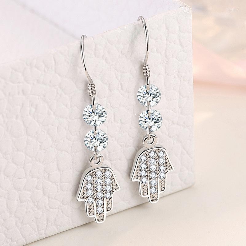 

Dangle Earrings Silver Color Crystal Fatima Hamsa Hand Piercing Drop Earring For Women Wedding Party Elegant Jewelry Pendientes Eh953