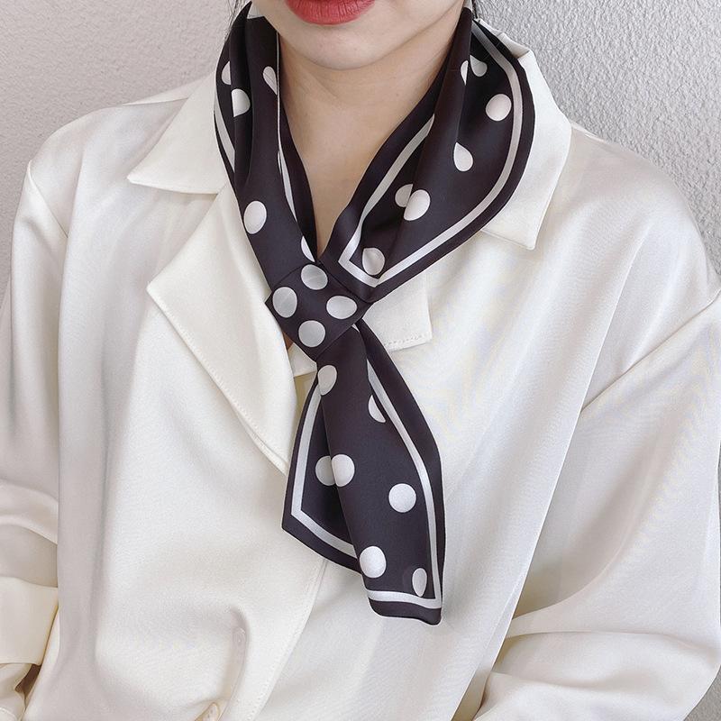 

Scarves 2023 Silk Scarf Women Fashion Buckle Tied Hair Decorative Head Chiffon Hijab Black Dot Ladies Scarve