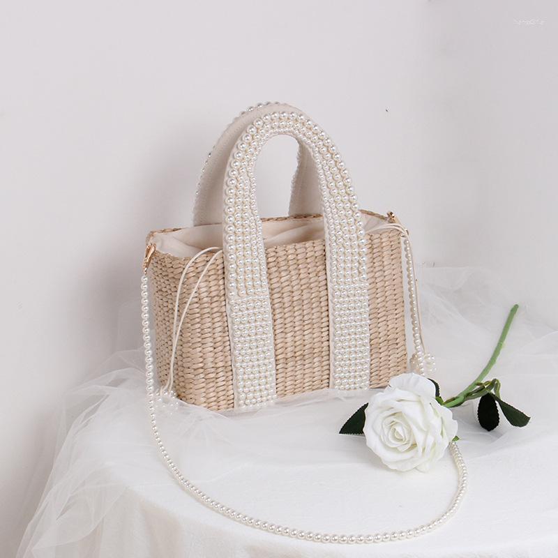 

Evening Bags Pearl Straw Woven Women's Crossbody Bag Designer Handbag Bohemian Rattan Beach Drawstring Female Shoulder Messenger Tote