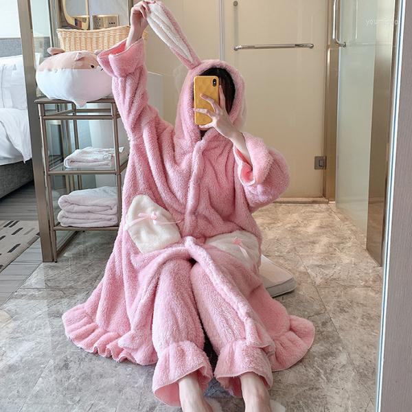 

Women's Sleepwear Winter Women Coral Velvet Pajamas Sets Lady Sweet Fleece Long Robe & Pants Female Homewear Leisure Pyjamas, Pink