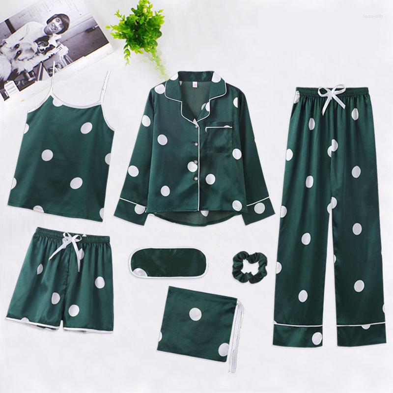 

Women's Sleepwear Female Green Print Polka Dot 7PCS Rayon Pajamas Set Sexy Full Sleeve &Pant Pyjamas Suit Spring Nightwear Home Clothes