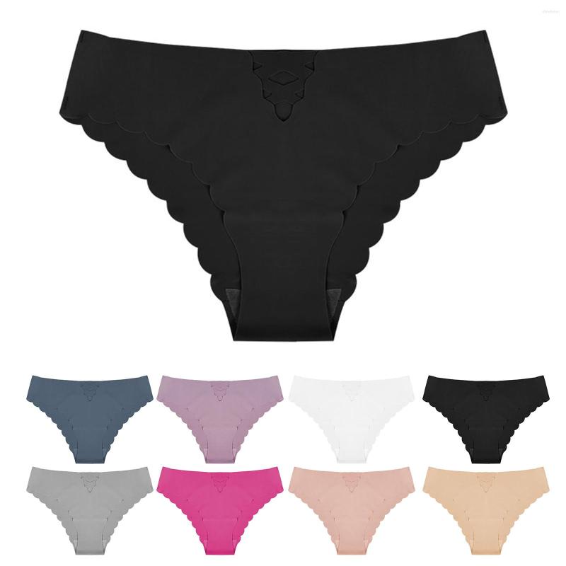 

Women's Panties Women Casual Solid Wavy Lace V Shaped Ice Silk Underwear Low Waist Seamless Sexy Briefs Color Hollow, Pink