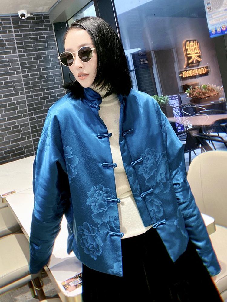 

Women' Trench Coats Autumn And Winter Chinese Style Stand Collar Embroidery Jacquard Single-Breasted Bat Sleeve Silk Cotton Lady Jacket, Blue
