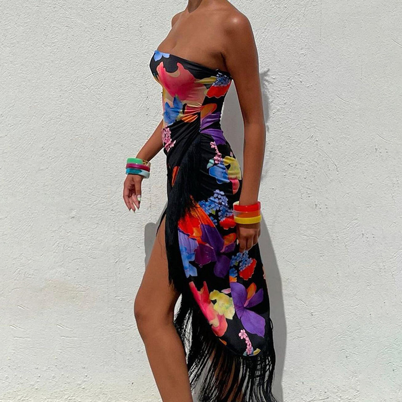 

Party Dresses Black strapless sexy wrap floral print ladies dress
