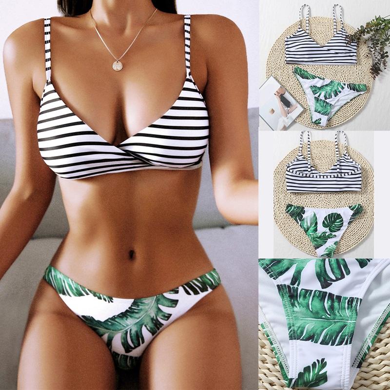 

Women' Swimwear Leaf Print Bikini 2-Piece Sexy Striped Split Swimsuit White