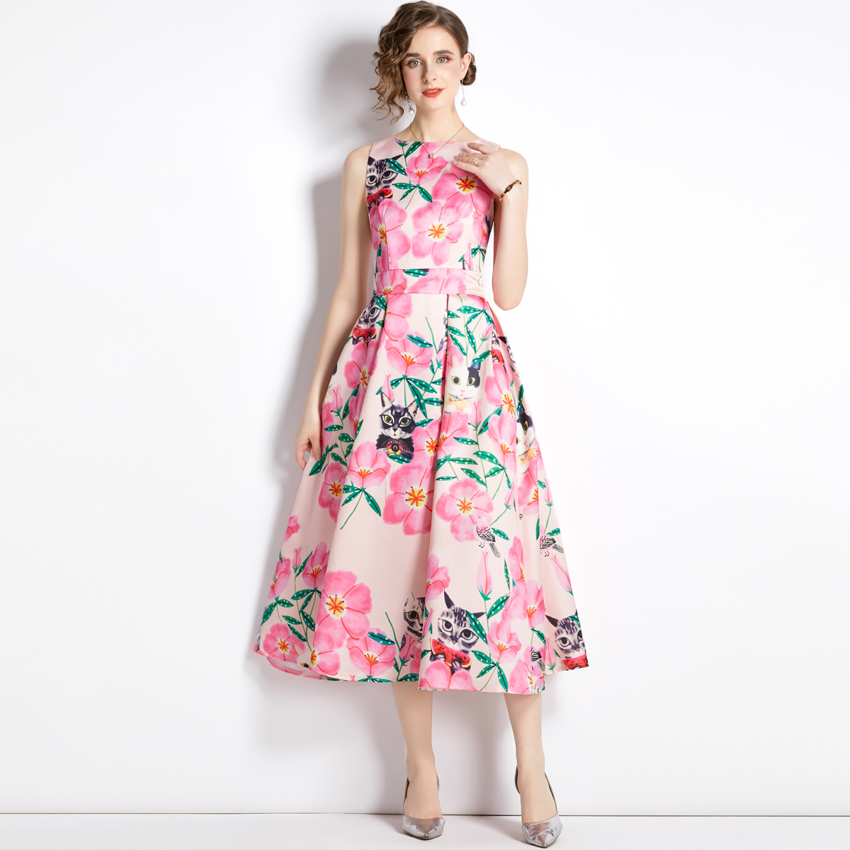 

Street Style Summer Pink Dresses 2023 Women Designer Pink Color Flower Print Loose Big Swing Party Cocktail Dress Ladies Sexy Slim O-Neck Prom Frocks Club Midi Robe