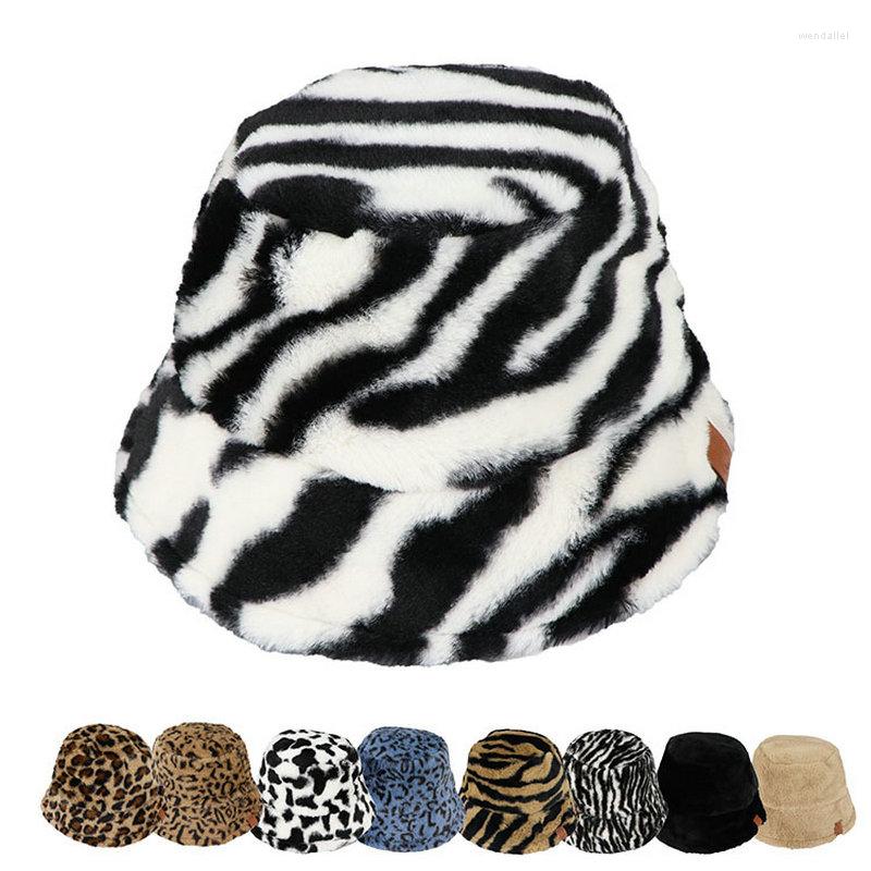 

Berets Women Hats Faux Fur Cow Zebra Print Bucket Outdoor Warm Thick Soft Foldable Hat Gorro Lady Winter Panama Fisherman Caps, Khaki