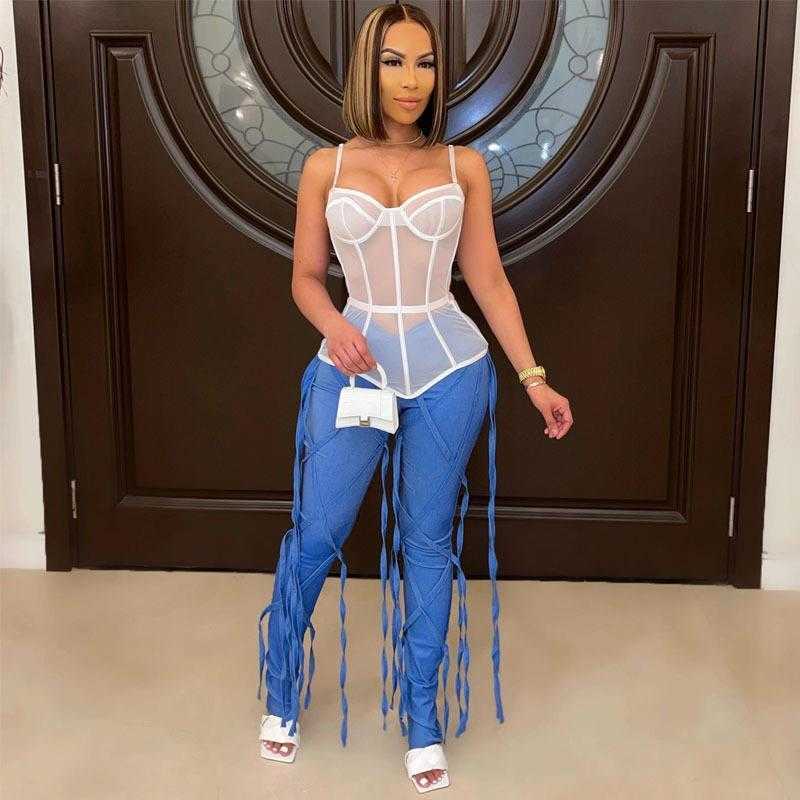 

Fall Womens Clothing Tanks Solid Color Hollow Mesh Fishbone Spaghetti Strap, White