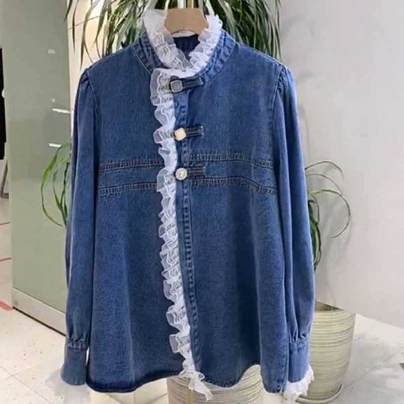 

Women' Blouses & Shirts Blue Denim Shirt Jacket 2023 Design Lace Stitching TopWomen