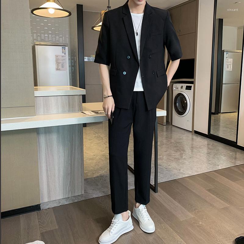 

Men's Suits Men Double Breasted 2023 Latest Design Four Button Groom Wedding Tuxedos Half Sleve Formal 2 Pieces Summer Suit Sets XXL, White suit sets mens